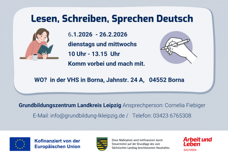 Offenes Angebot in der VHS Borna – „Lesen, Schreiben, Sprechen Deutsch“ vom 06.01 bis 26.02.2026