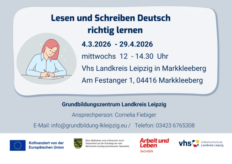 Offenes Angebot in der VHS Borna – „Lesen und Schreiben Deutsch richtig lernen“ vom 04.03 bis 29.04.2026