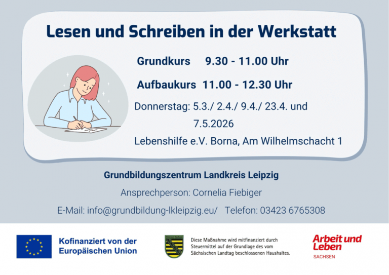 Offenes Angebot bei der Lebenhilfe Borna – „Lesen und Schreiben in der Werkstatt“ vom 05.03 bis 07.05.2026