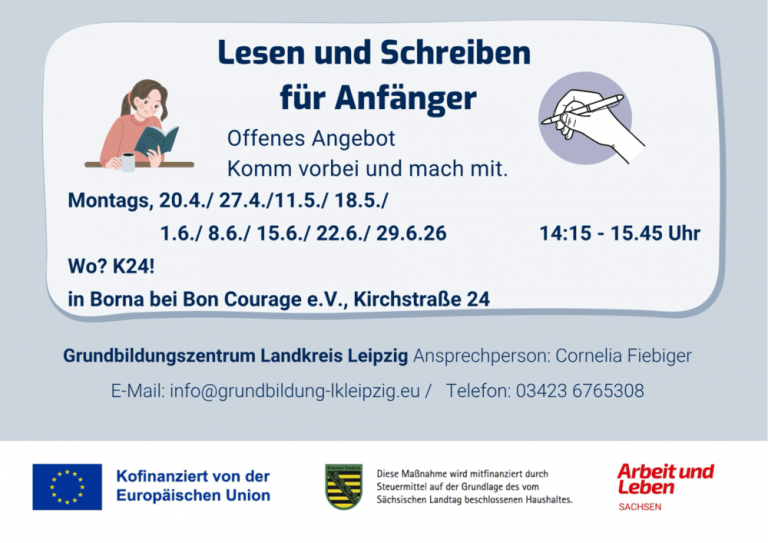 Offenes Angebot bei Bon Courage in Borna – „Lesen und Schreiben für Anfänger“ vom 20.04 bis 29.06.2026