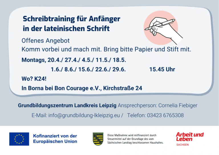 Offenes Angebot bei Bon Courage in Borna – „Schreibtraining für Anfänger in der lateinischen Schrift“ vom 20.04 bis 29.06.2026